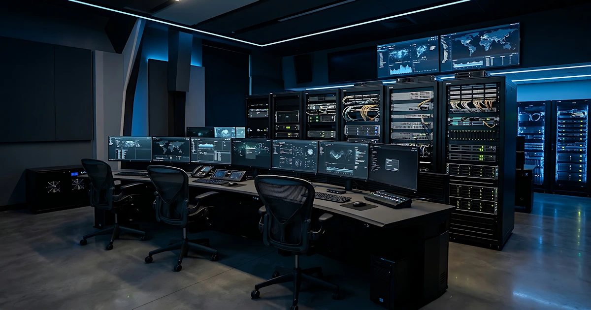 Mark Darland's container security operations center with multiple monitors displaying global threat dashboards and racks of server infrastructure