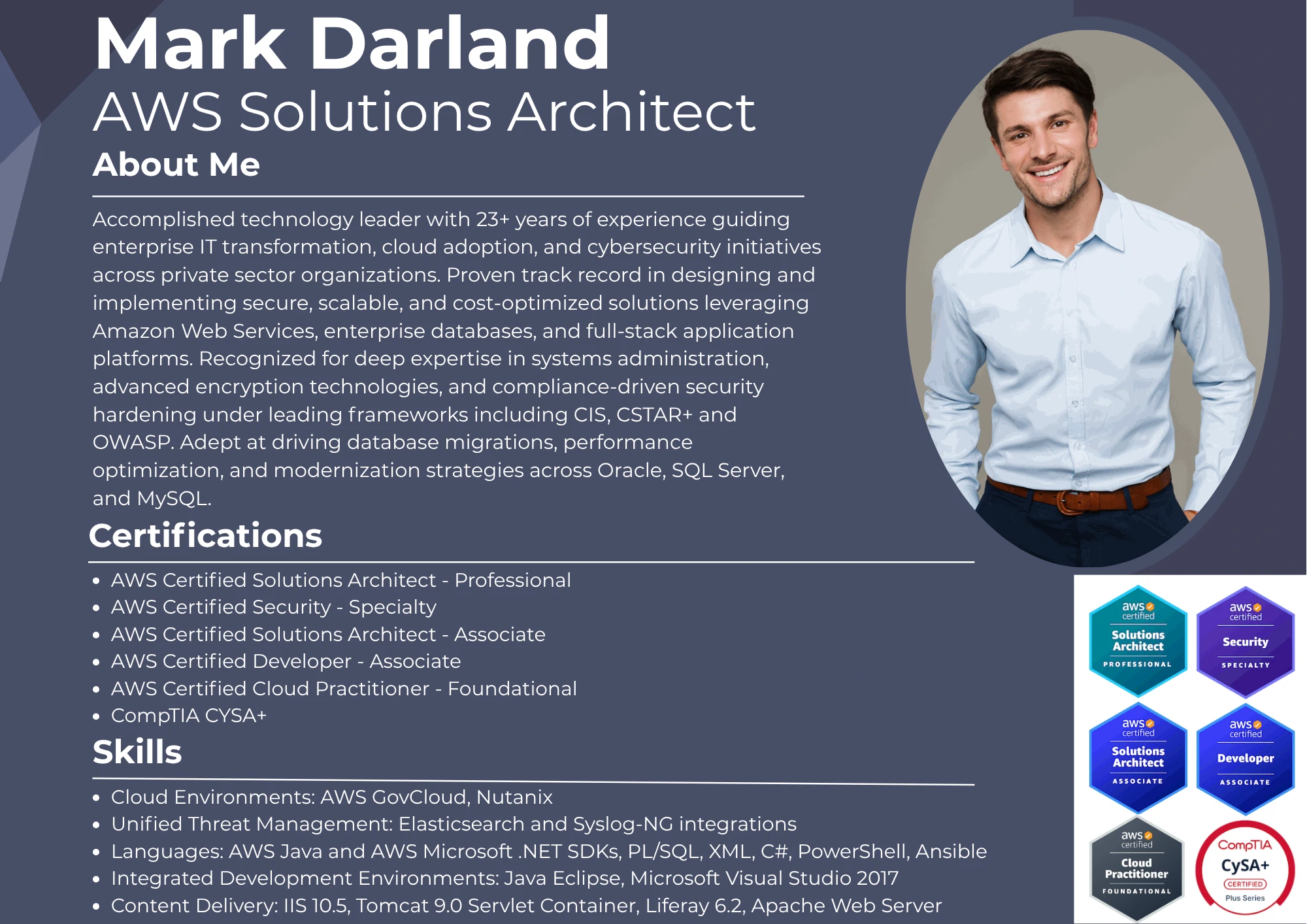 Mark Darland Syslog configuration expert resume showing the About Me summary, AWS Solutions Architect certifications, and cybersecurity skills